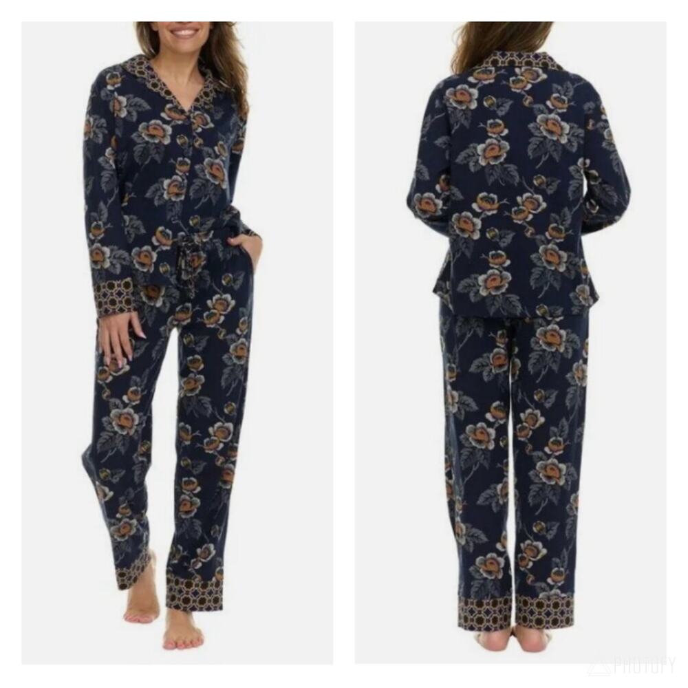 VERA BRADLEY | Cotton Pajama Set Navy Blue White Floral Print Two-Piece | Medium